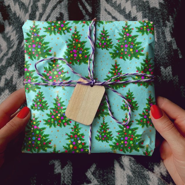 Cute colorful Christmas trees blue Wrapping Paper (Creator Uploaded)