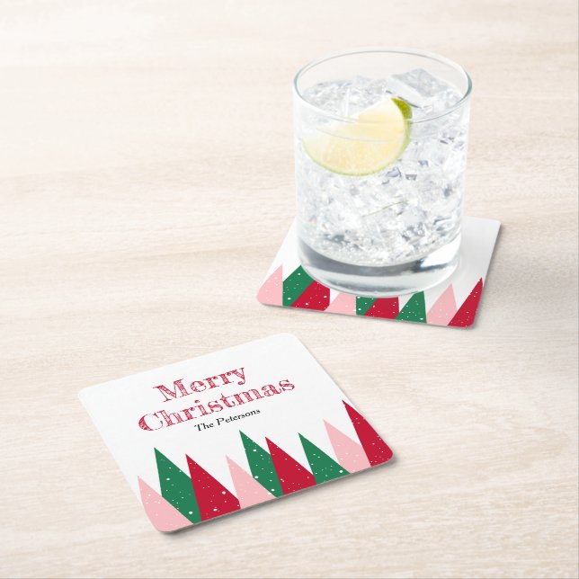 Cute Colorful Christmas Trees Modern  Square Paper Coaster (Insitu)