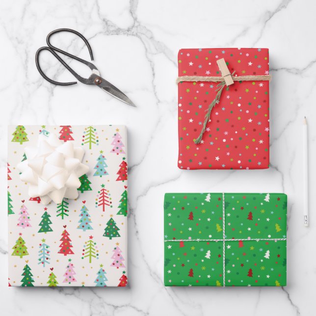 Cute Colorful Christmas Trees Wrapping Paper Sheets (Front)