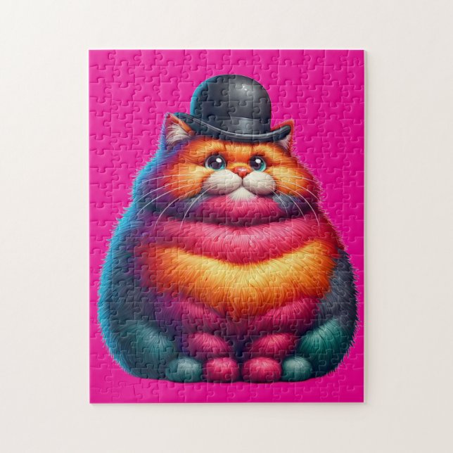 Cute Colorful Chubby Cat with Bowler Hat Jigsaw Puzzle (Vertical)