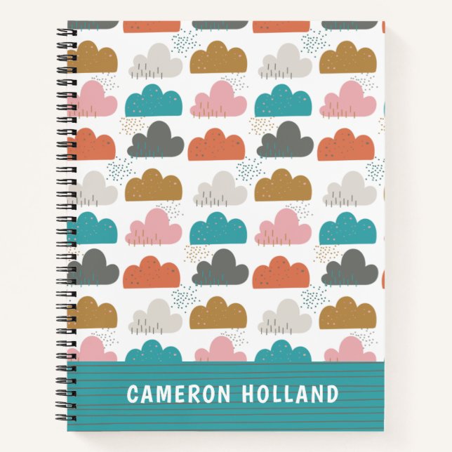 Cute Colorful Clouds Personalized Pink Turquoise Notebook (Front)