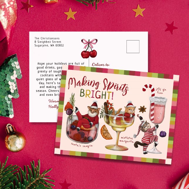 Cute Colorful Cocktail Cats Making Spirits Bright Holiday Postcard (Creator Uploaded)