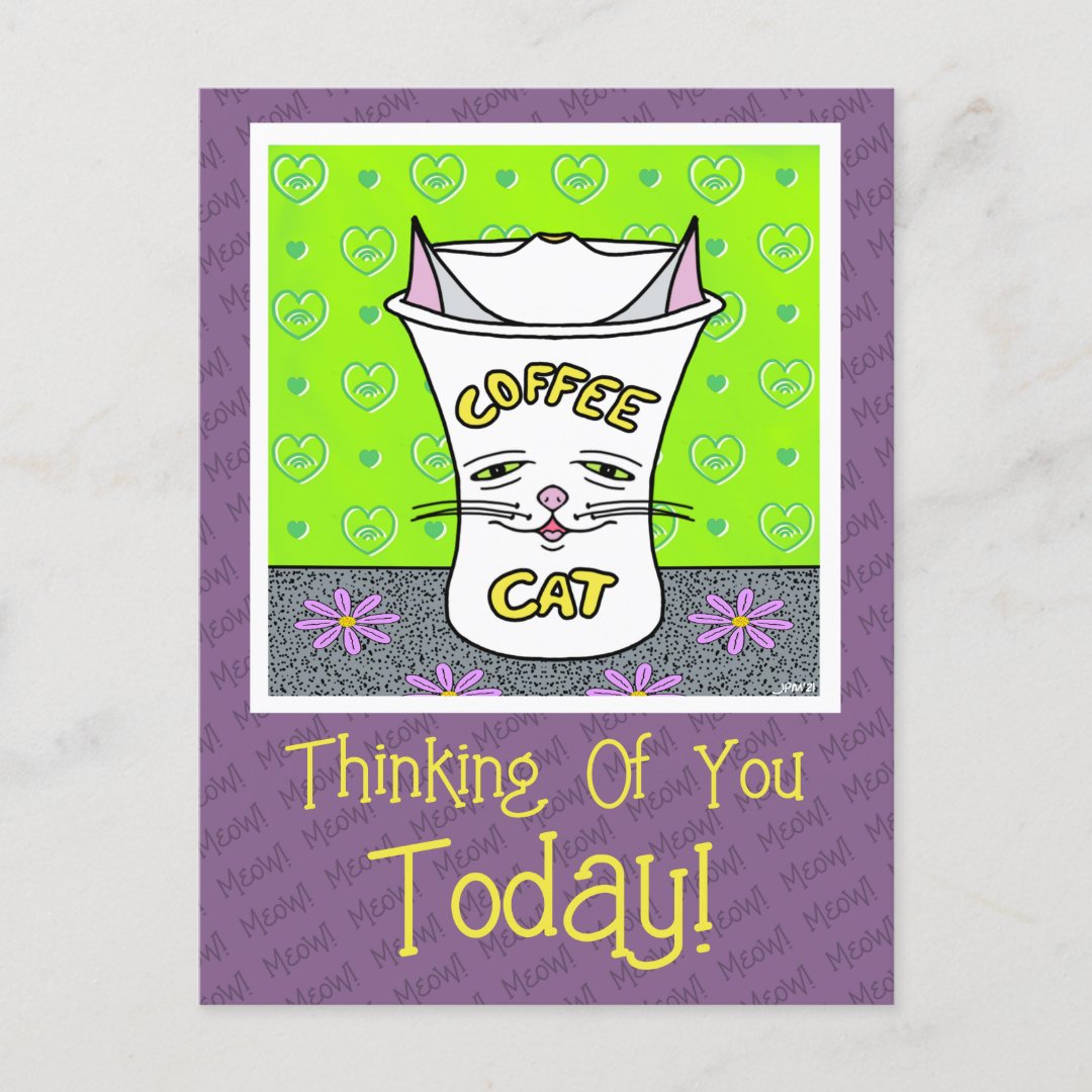 Cute Colorful Coffee Cat Thinking Of You Postcard