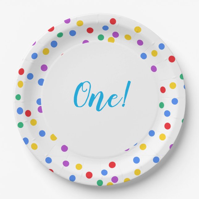 Cute Colorful Confetti Dots 1st Birthday Paper Plates (Front)