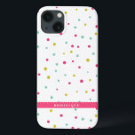 Cute Colorful Confetti Dots Pattern Personalized iPhone 13 Case<br><div class="desc">Colorful and modern iPad mini case featuring hot pink,  blue and dark yellow polka dots pattern with hot pink scallop-edge tag. This personalized case will be perfect as a birthday and holiday gift.</div>