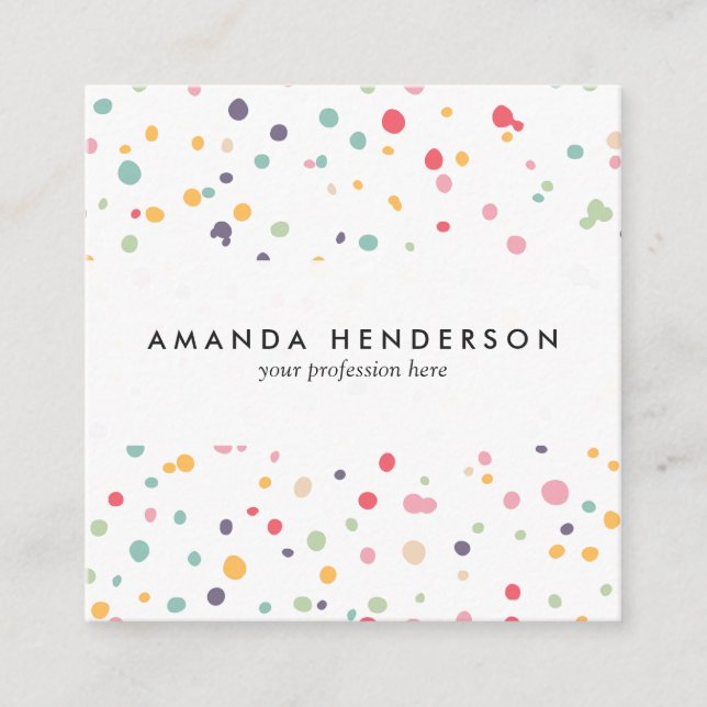 Cute Colorful Confetti Dots Pattern Square Business Card (Front)