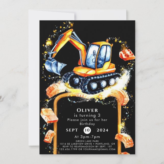 Cute Colorful Construction Birthday Invitation (Front)