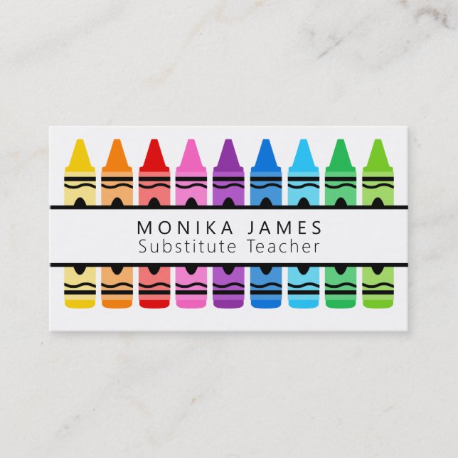 Cute Colorful Crayon Substitute Teacher Business Card (Front)