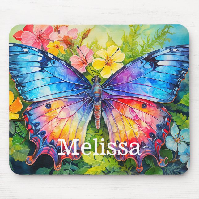Cute Colorful Custom Butterfly Monogram Name Mouse Pad (Front)