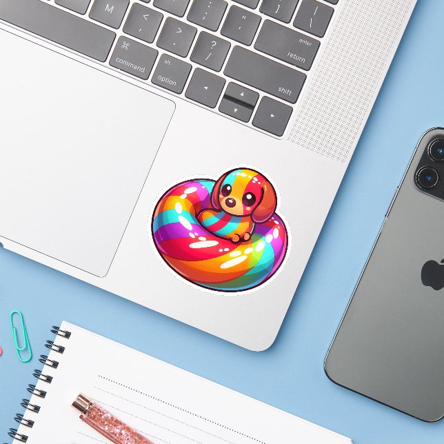 Cute Colorful dachshund in Rainbow Pool Float Sticker (Laptop w/ iPhone)
