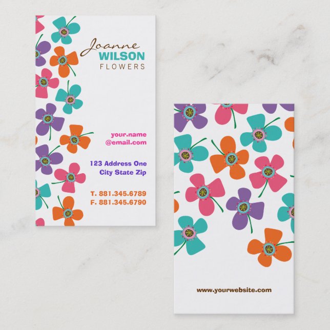 Cute Colorful Daisies Pop Summer Flowers Whimsical Business Card (Front/Back)