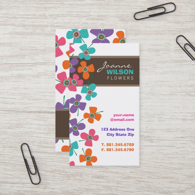 Cute Colorful Daisies Pop Summer Flowers Whimsical Business Card (Front/Back In Situ)
