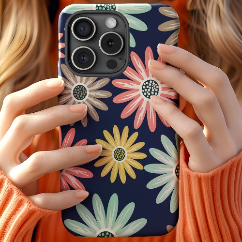 Cute Colorful Daisy Floral Pattern on Navy iPhone 13 Pro Max Case