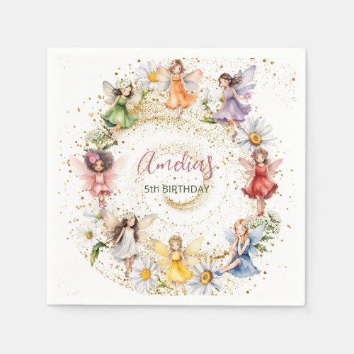 Cute Colorful Dancing Floral Fairies Gold Glitter Napkins