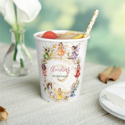 Cute Colorful Dancing Floral Fairies Gold Glitter Paper Cups