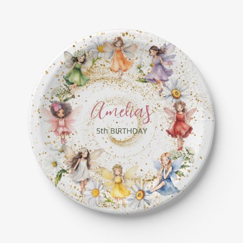 Cute Colorful Dancing Floral Fairies Gold Glitter Paper Plates