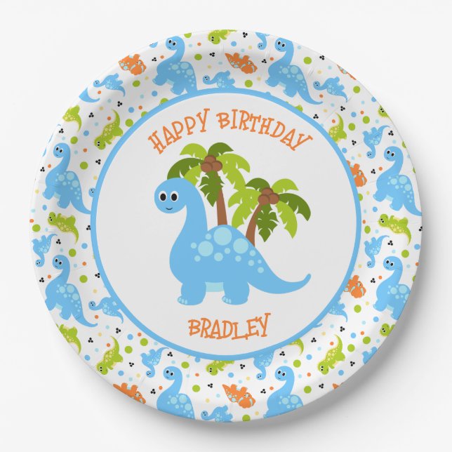 Cute Colorful Dinosaur and Palm Tree Paper Plates (Front)