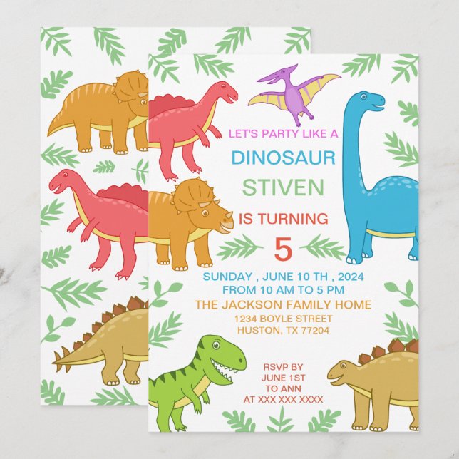 Cute Colorful Dinosaur Birthday Invitation (Front/Back)