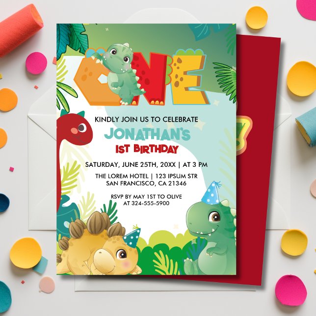 Cute Colorful Dinosaur Boys First Birthday  Invitation (Creator Uploaded)