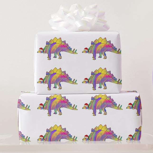 Cute Colorful Dinosaur Christmas Wrapping Paper (Kids cute stegosaurus dinosaur christmas wrapping Colorful rainbow watercolor festive dino pattern)