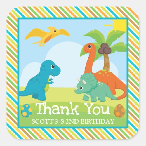 Cute Colorful Dinosaur Friends Birthday Square Sticker