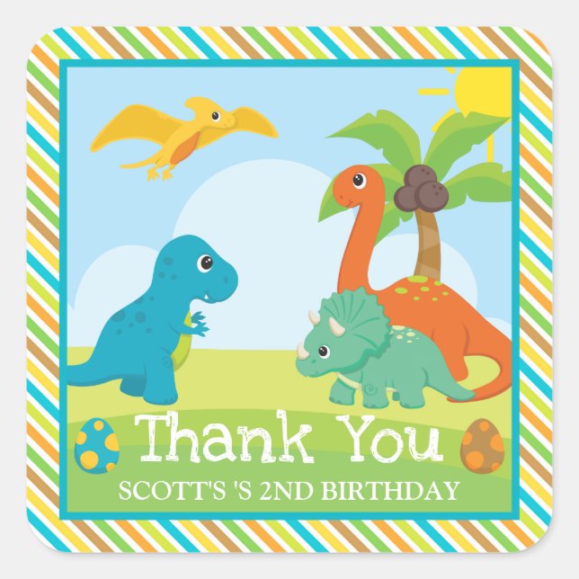 Cute Colorful Dinosaur Friends Birthday Square Sticker (Front)