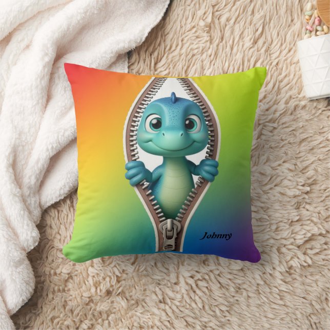 Cute Colorful  Dinosaur Kids Personalized Name  Throw Pillow (Blanket)