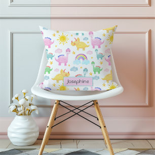 Cute Colorful Dinosaur Pattern Girly Name Throw Pillow