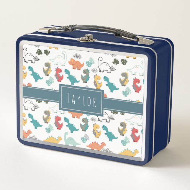 Cute Colorful Dinosaur Pattern Kids Name Metal Lunch Box (Front)