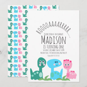 Cute Colorful Dinosaur Pink Gree Blue Birthday Invitation