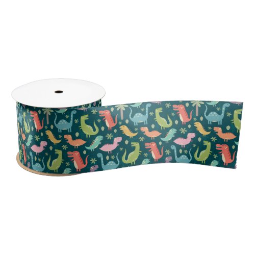 Cute Colorful Dinosaurs at Night Satin Ribbon