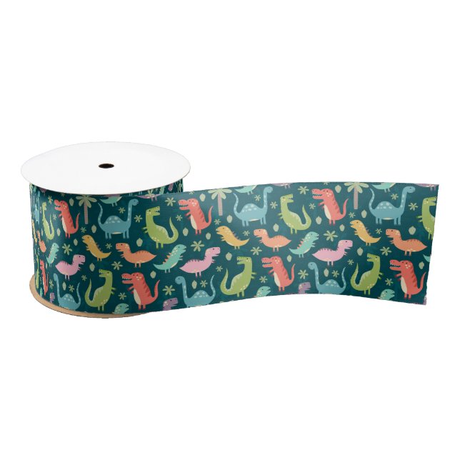 Cute Colorful Dinosaurs at Night Satin Ribbon (Spool)