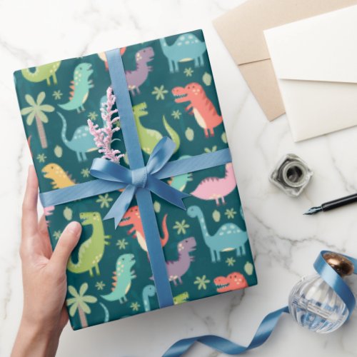 Cute Colorful Dinosaurs at Night Wrapping Paper