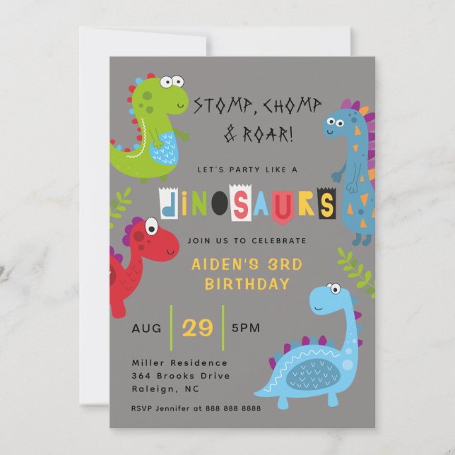 Cute colorful Dinosaurs Birthday Invitation (Front)