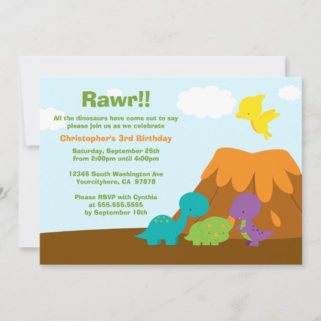 Cute colorful dinosaurs birthday party invitation (Front)