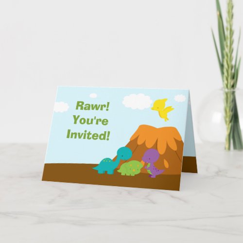 Cute colorful dinosaurs birthday party invitation