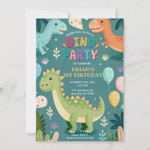 Cute Colorful Dinosaurs Boy First Birthday Invitation