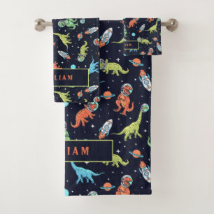 Cute Colorful Dinosaurs in space Fun Pattern Bath Towel Set