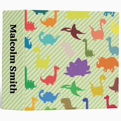 Cute Colorful Dinosaurs on Stripes 3 Ring Binder