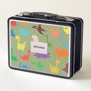 Cute Colorful Dinosaurs on Stripes Metal Lunch Box