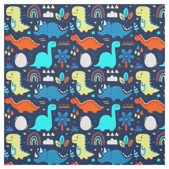 Cute Colorful Dinosaurs & Rainbows Drawings Fabric (Swatch)