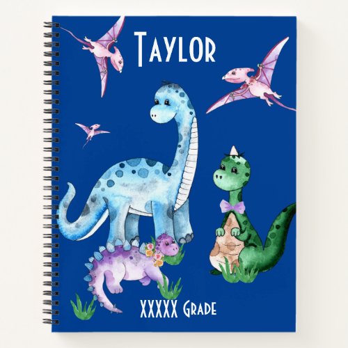 Cute Colorful Dinosaurs T_Rex Blue Spiral Notebook