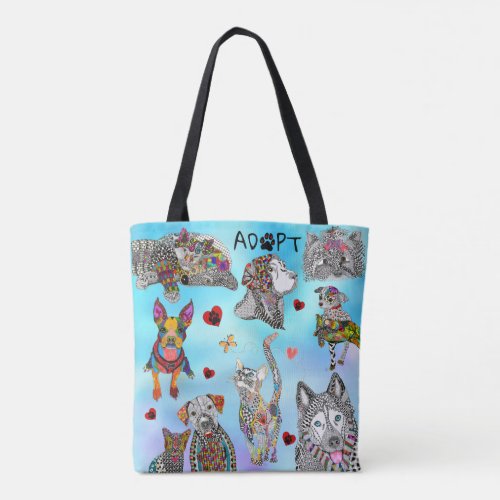 Cute  Colorful Dog and Cat Pet Adoption Tote Bag