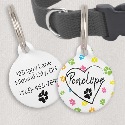 Cute colorful dog paw prints pattern custom name pet ID tag