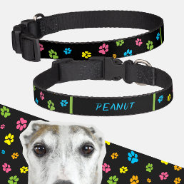 Cute Colorful Dog Paws Pattern Custom name Black Pet Collar