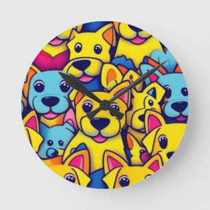 Cute colorful dogs happy dogs round clock