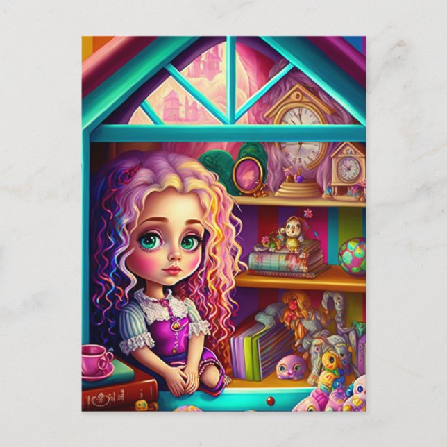 Cute Colorful Doll in a Dollhouse Postcard (Front)