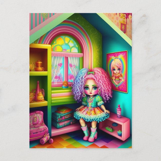 Cute Colorful Doll in a Dollhouse Postcard (Front)