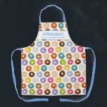 Cute Colorful Donut Pattern with Custom Name Text Apron<br><div class="desc">Fun apron featuring a pattern of donuts and two lines of custom text. Add a person's name,  donut shop name or delete the text and rectangle and just use the pattern. Perfect for birthday parties,  cafe owners,  budding chefs,  host/hostess gifts or anyone who loves donuts.</div>