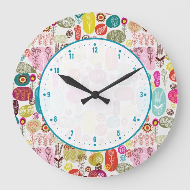 Cute Colorful Doodle Floral Design Large Clock (Front)